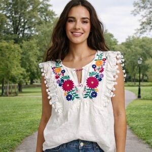 Boho Floral Embroidery Top Pom Pom Details